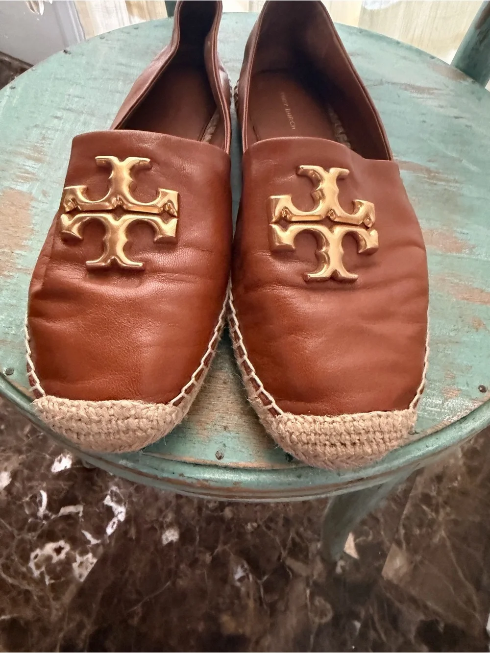 Tory Burch Cognac Leather Espadrille Slippers with Gold Logo